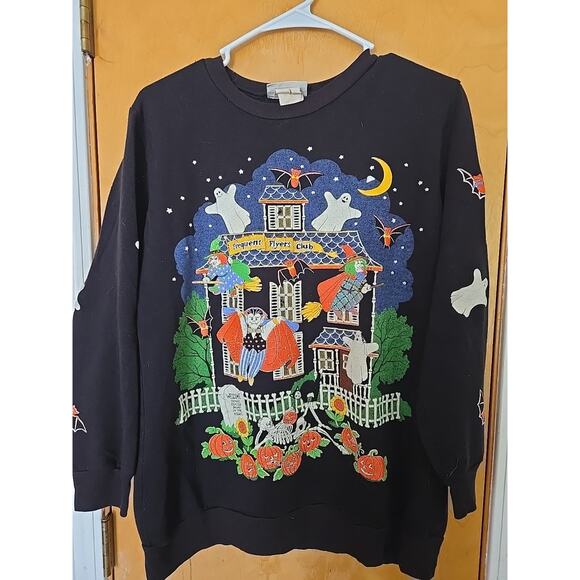 Vintage 80's Scarab San Francisco Puff Print Halloween Ghost Bat Sweatshirt Sz S - Picture 1 of 8